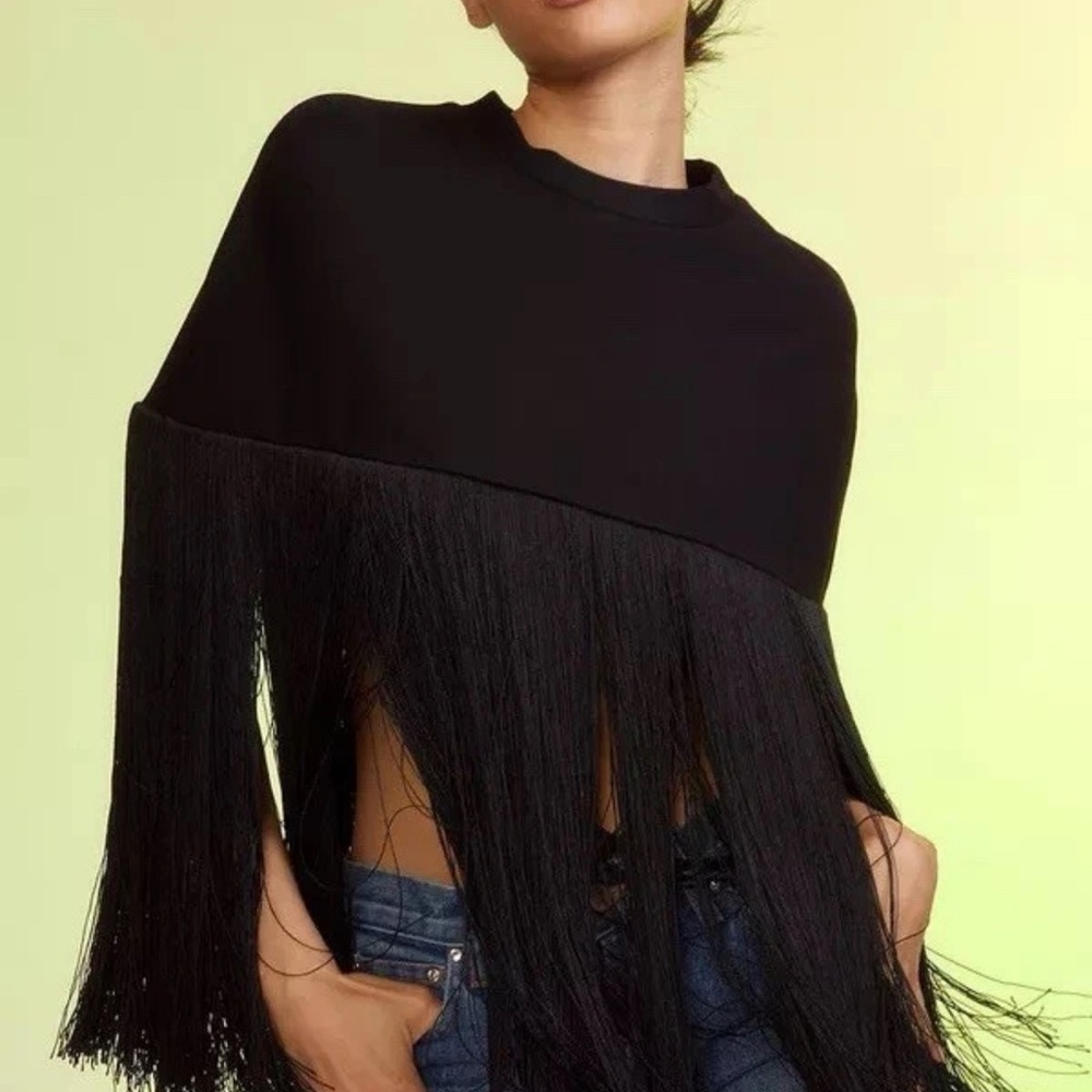 Cynthia Rowley Black Fringe Capelet Top Small Festival Party Crop MSRP $395
